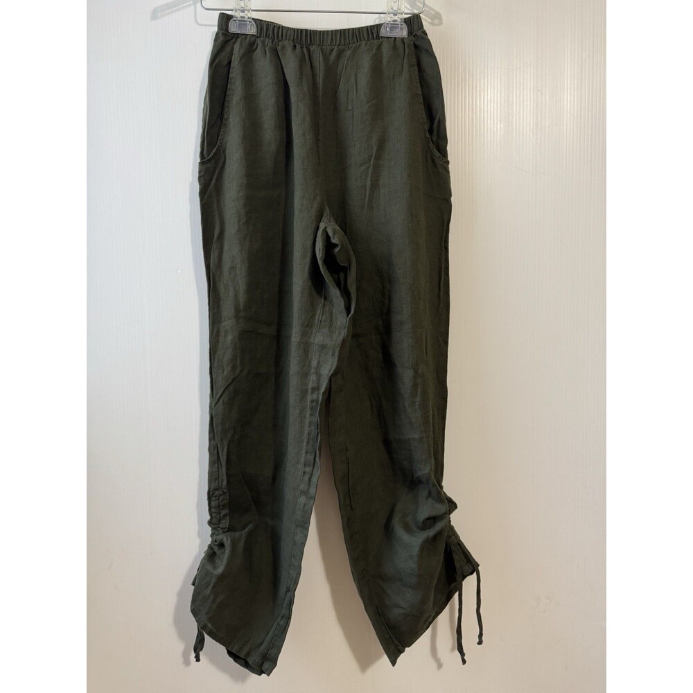 FLAX Linen Pants Womens Sz P Dark Olive Green Elastic Waist Lagenlook Pockets